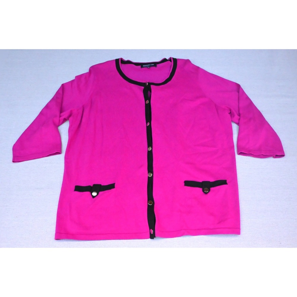 Jones New York Signature Womens 3X Cotton Blend Cardigan Magenta Black Trim Soft